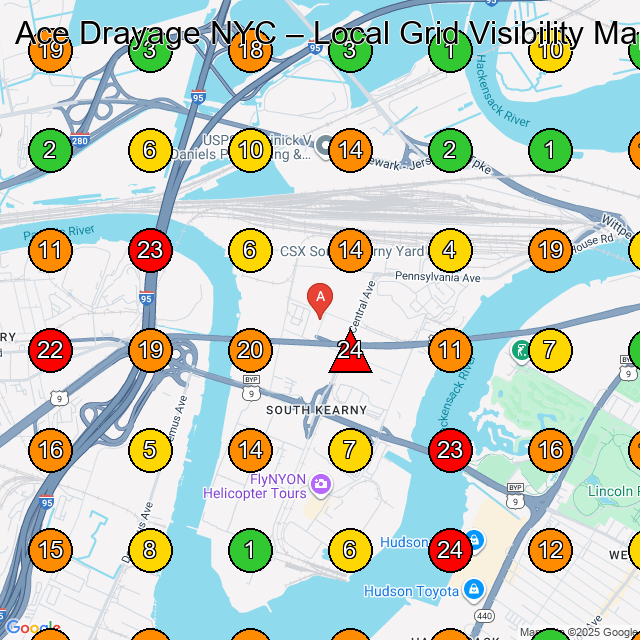 Ace Drayage NYC Logistics Service GeoGrid ranking map for Kearny NJ